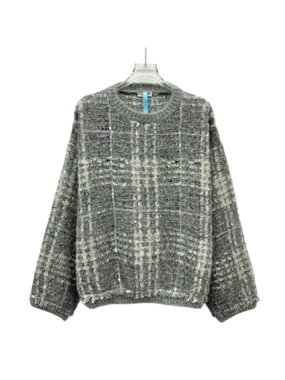 Brunello Cucinelli Gray Sequin Houndstooth Mohair Tweed Knit Sweater